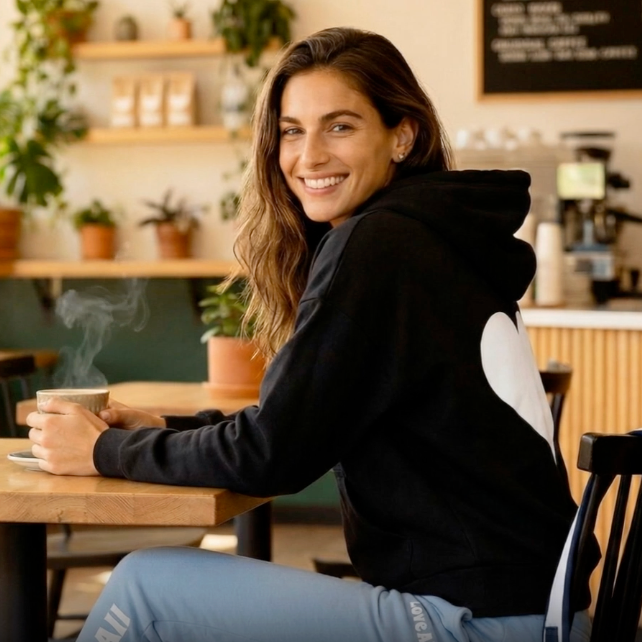 Woman sitting at a table in a cozy cafe holding a steaming cup.
